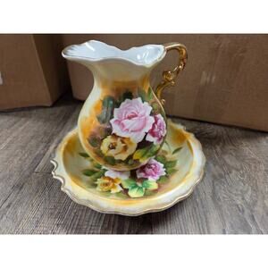 Vintage Enesco Japan Miniature Pitcher With Under Plate Painted Rose Gold Trim